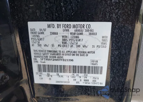 2007 Ford F-150 Xlt из США, поврежденный, VIN 1FTRW12W07FB23396